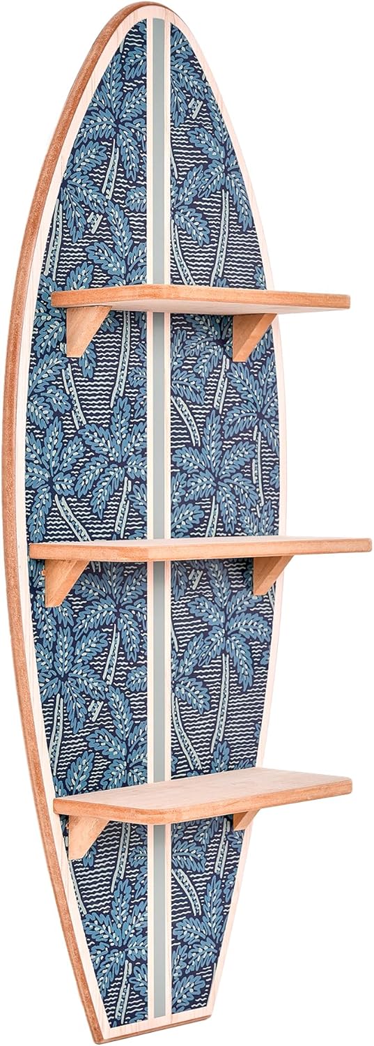 American Art Decor Kona Coast by Reyn Spooner Electric Palms - Navy Surfboard Printed Wall Shelf - 13" x 35"