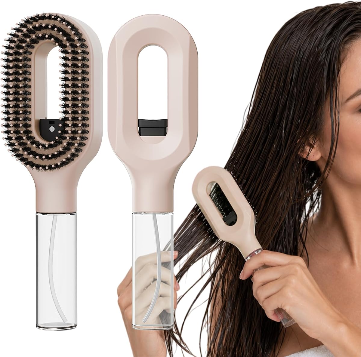 Smoothing Mist Brush with Fine Continuous Spray, 2-in-1 Detangling Comb for Frizz & Static Control, Wet or Dry Styling for Straight, Curly & Thick Hair, Khaki