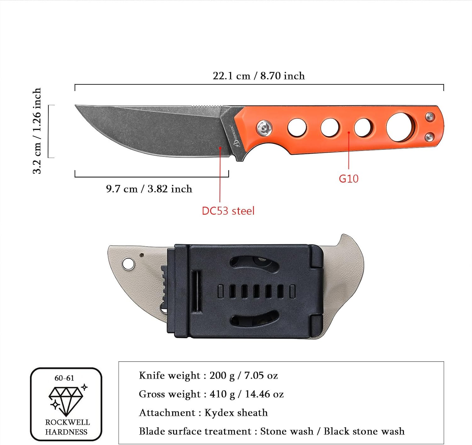 Knives DC53 Steel Tactical Fixed Blade Knife G10 Handle with kydex sheath for Men EDC Camping Survival Hunting Outdoor (Black Orange)