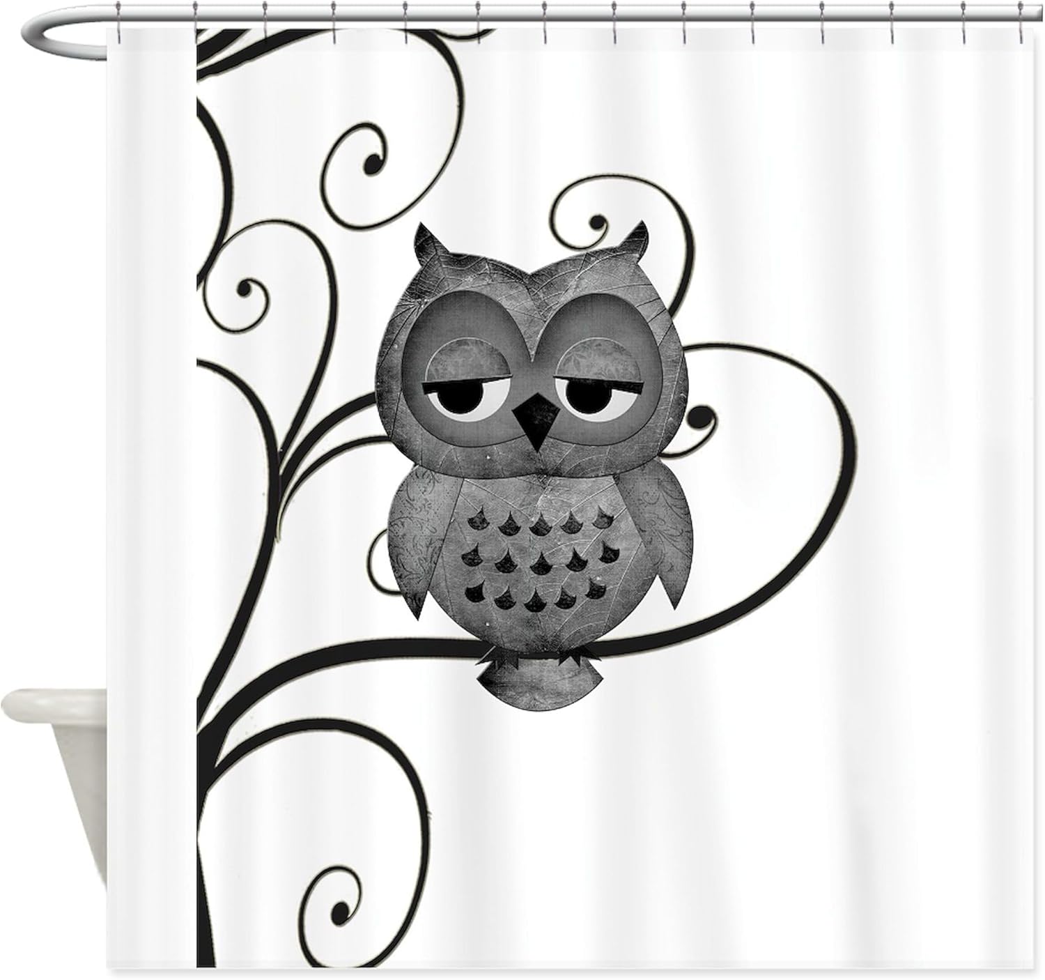 CafePress Black White Swirly Tree Owl Decorative Fabric Shower Curtain