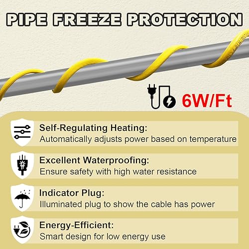 Miniatura 7 de YeloDeer Cable de calor de tubería para protección contra congelación de tuberías de agua, cinta térmica autorregulable para tuberías de metal y