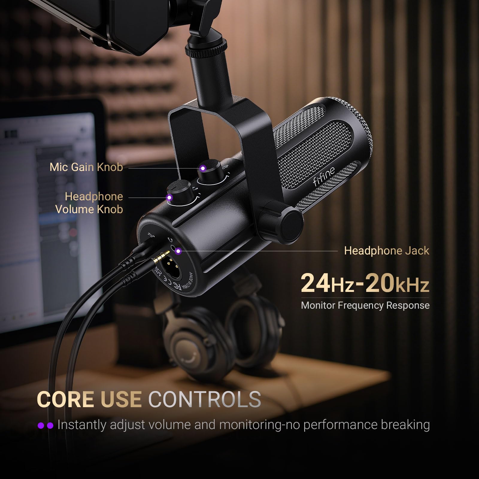 FIFINE USB/XLR Dynamisches Mikrofon für Gesang, Podcasts, Streaming, Aufnahme, Rundfunk, Studiomikrofon mit Stummschalttaste, Kopfhöreranschluss für PC/XLR-Mixer, TANK6