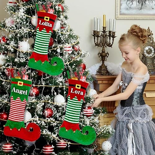 Miniatura 7 de Ulico Calcetines de Navidad personalizados, calcetines de Navidad con bordado de elfo grande de 22 pulgadas, calcetines de Navidad para niños,