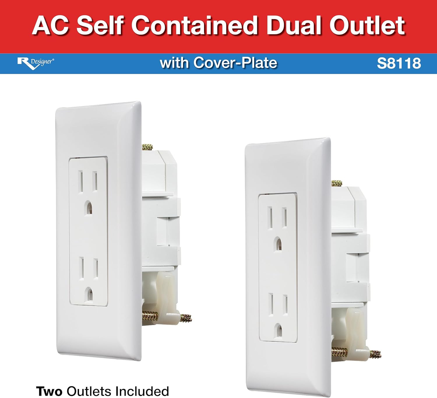 RV Designer S8118, Self Contained Dual Outlet with Cover Plate, White, 2 Per Pack