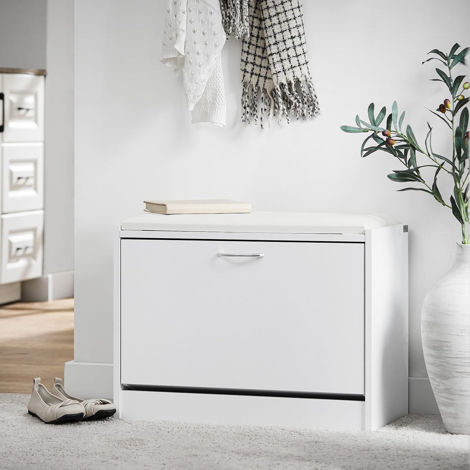 SoBuy Small Shoe Storage Bench Cabinet,Narrow Shoe Rack with Lift Up Bench Top and White Padded Cushion, Entryway Mudroom Hallway, FSR16-W image 2