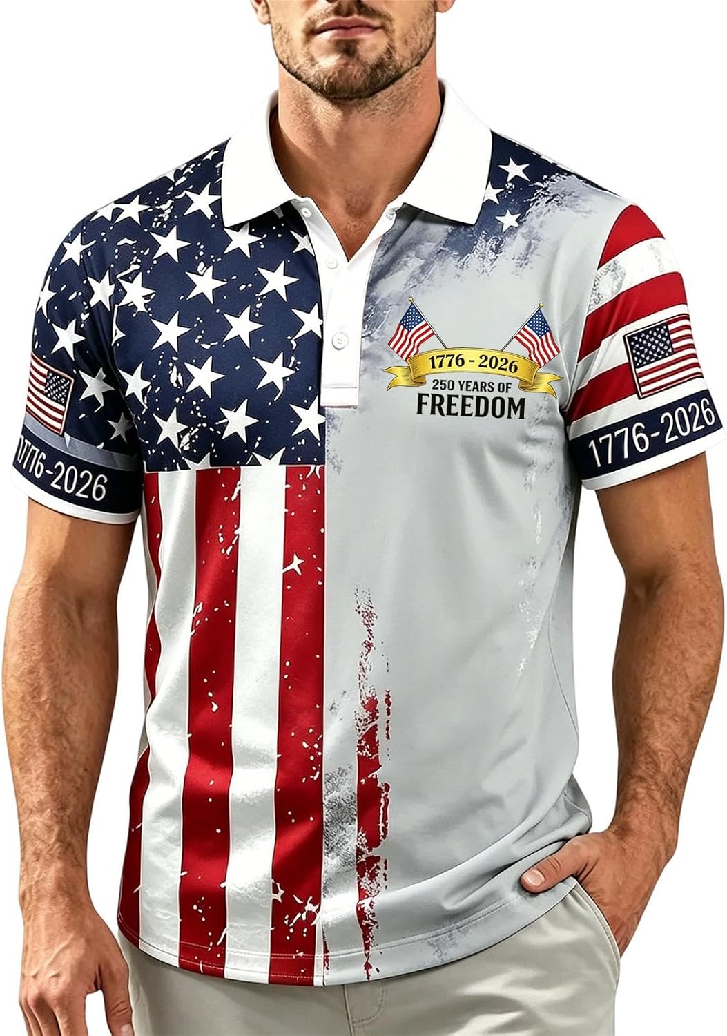 Mens Golf Polo 250 Years Shirt Quick Dry Mesh Short Sleeve Patriotic Independent Day Celebration Party Top image 2