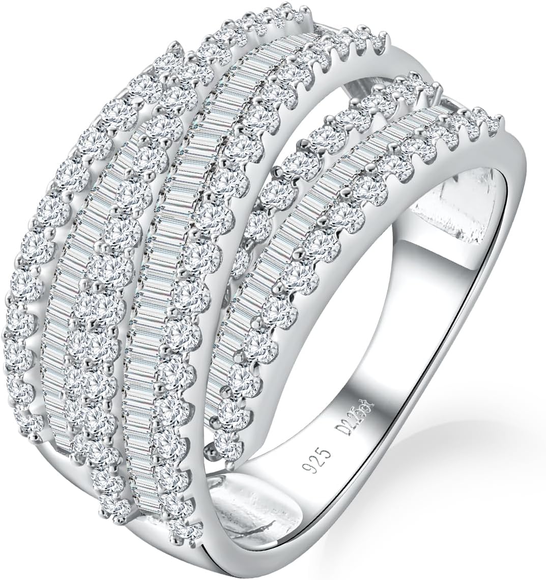 Crossover Statement Ring Wedding Bands 925 Sterling Silver Created Gemstone Chunky Wide Band Rings for Women Men Cocktail Anniversary Jewelry Size 6-10 (with Gift Box)
