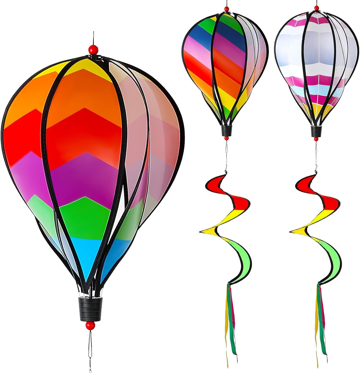 5 Pcs Hot Air Balloon Wind Spinners Rainbow Spinner Wind Chime Garden Windmill Spinner Kinetic Hanging Decor for Lawn Yard (Strip Style)