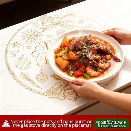 Miniatura 3 de Flycalf Juego de 6 manteles individuales de Navidad, diseño de copos de nieve, impermeables, de PVC, vintage, fiestas, inauguración de la casa,