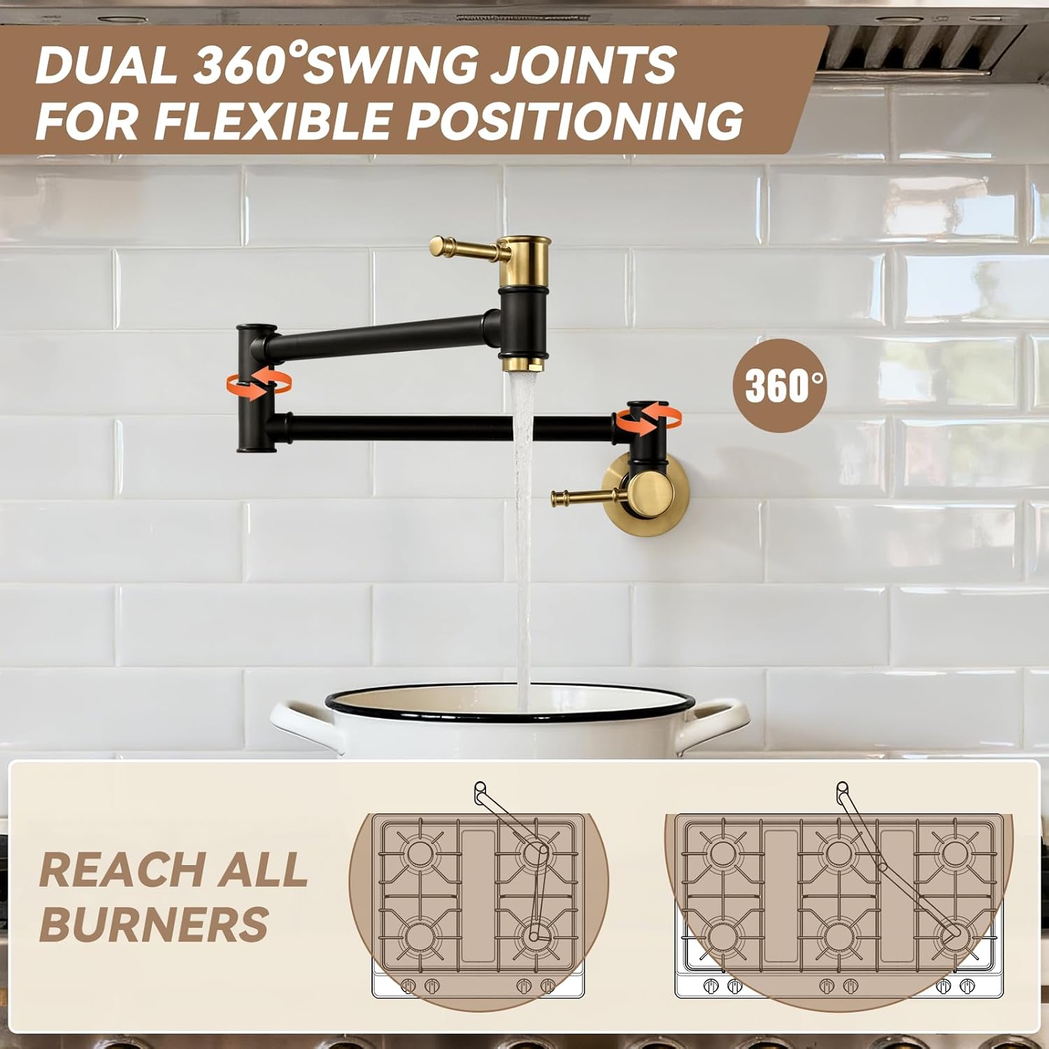 Pot Filler Faucet Black Gold, Wall Mount Stove Faucet for Kitchen Sink, Brass Folding Pot Filler Over Stove with Single Hole 2 Handle