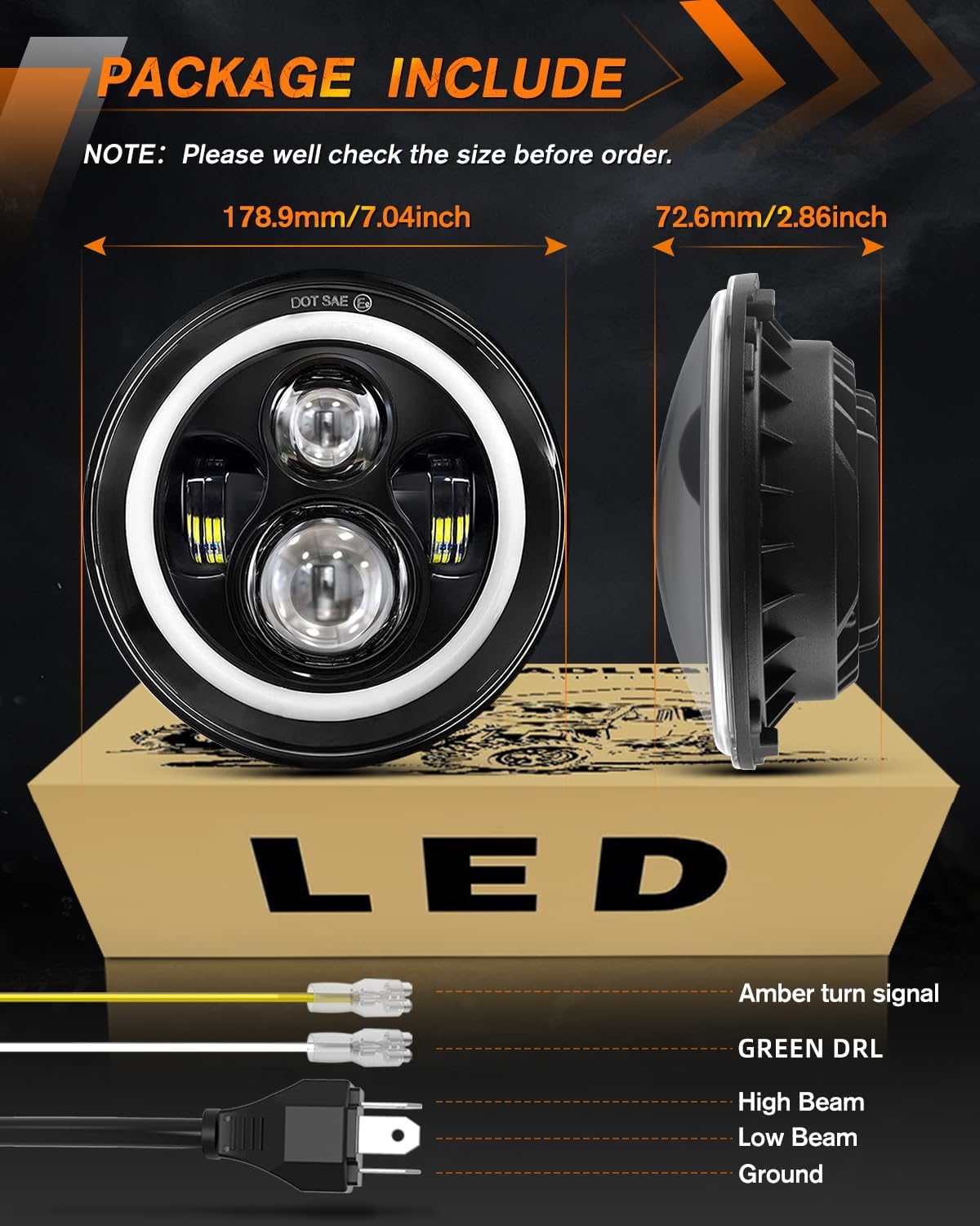 7 Inch Halo LED Headlight with Green DRL Amber Turn Signal Light DOT Approved 7 inch led headlight Compatible with Wrangler Halo Headlights JK TJ LJ CJ, Green Halo