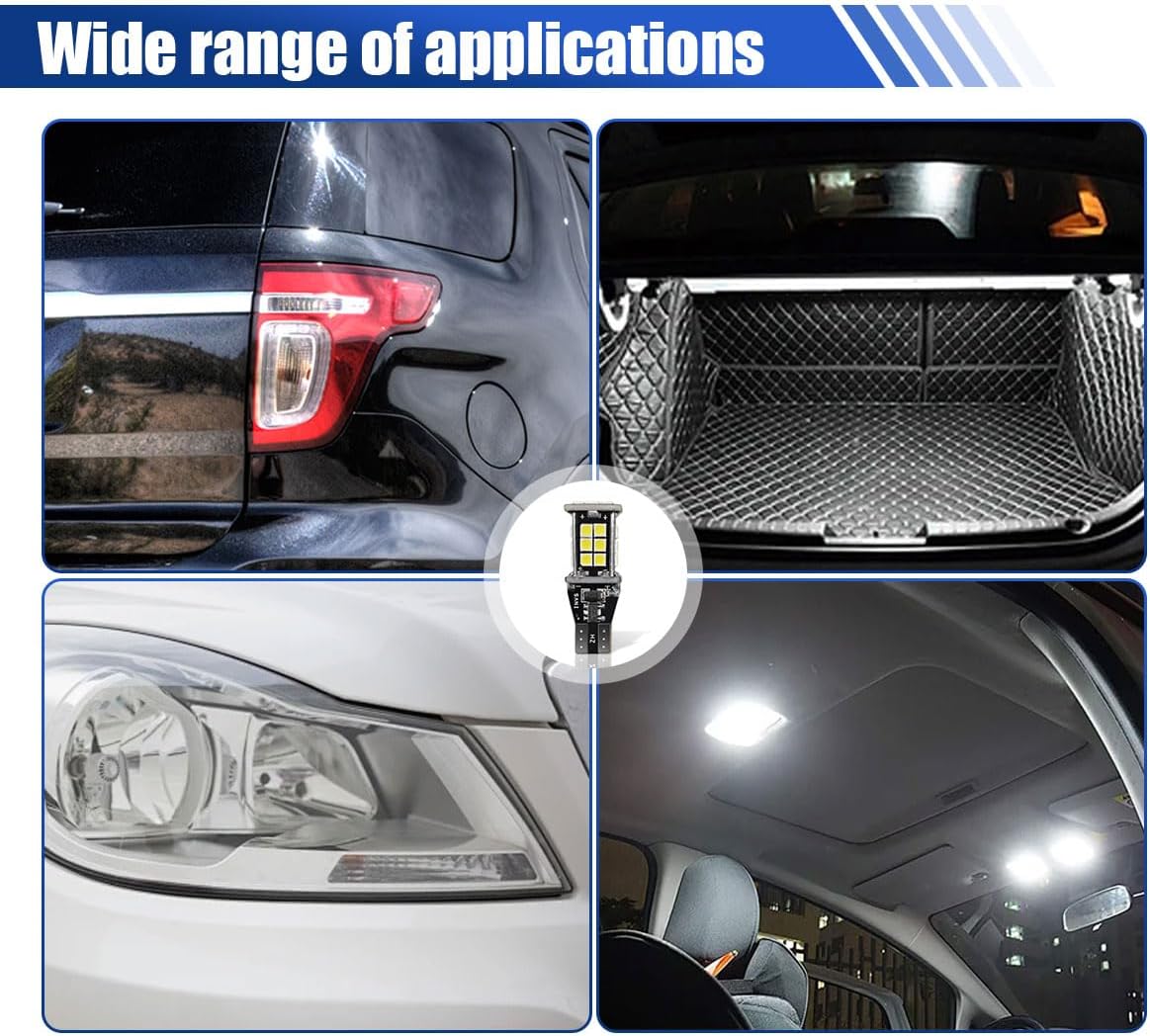 2PCS Extremely Bright T15 921 912 W16W Car LED Bulbs, Waterproof Automotive Backup Reverse Light with 3030SMD Chip, Car Brake Light Illumination Bulbs Replacement for Most Vehicles (White)