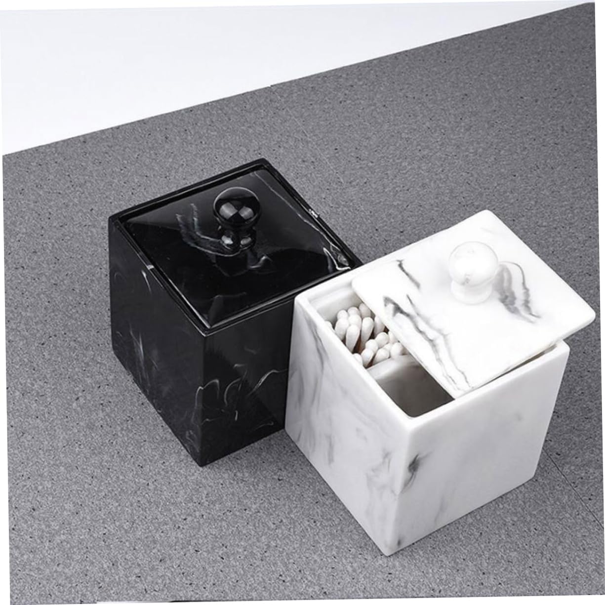 Unomor 2pcs Double Grids Cotton Swab Holder Marble Grain Design Space-saving Organizer for Makeup Pads and Cotton Balls Stylish Resin Storage Case for Bathroom and Vanity