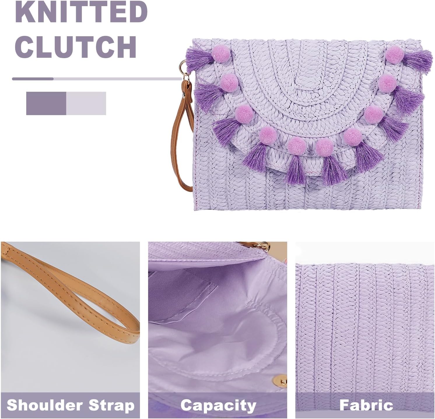 Straw Crossbody Bag for Women, Clutch Purses, Bohemian Handmade Woven Handbags, Tassels Summer Beach Bag, Envelope Wallet (Purple)
