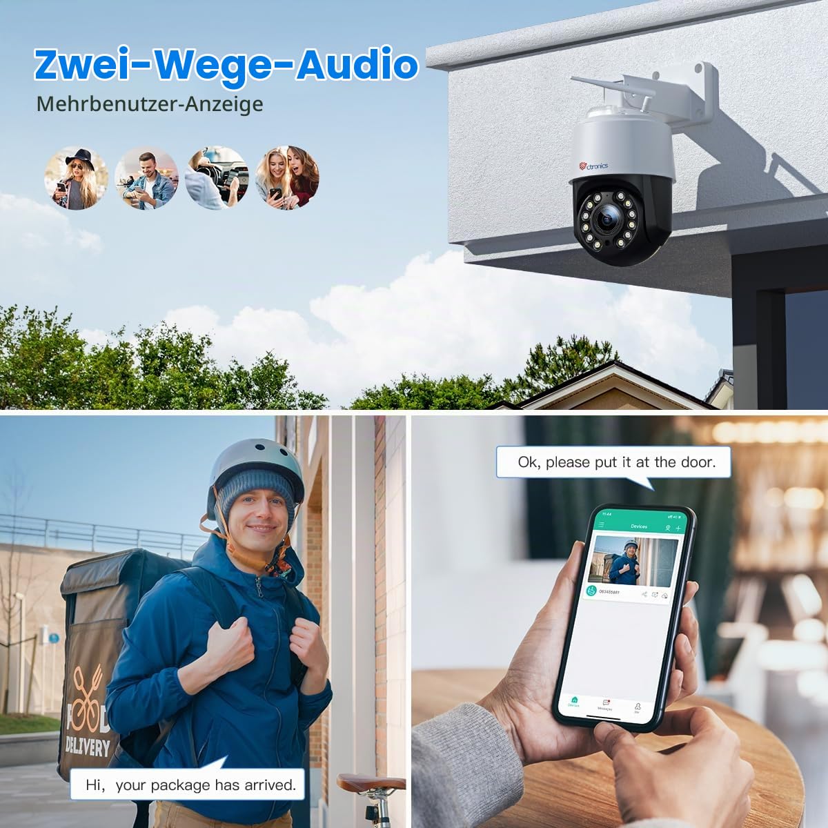 Ctronics 4K 8MP 5X Optischer Zoom Überwachungskamera Aussen WLAN 2,4/5GHz, PTZ WiFi IP Kamera Outdoor Personen/Fahrzeug/Tiererkennung Auto Verfolgung 50M Farbnachtsicht 2-Wege Audio Metall/Cloud | PTZ WiFi IP Camera Outdoor People/Vehicle/Animal Detection