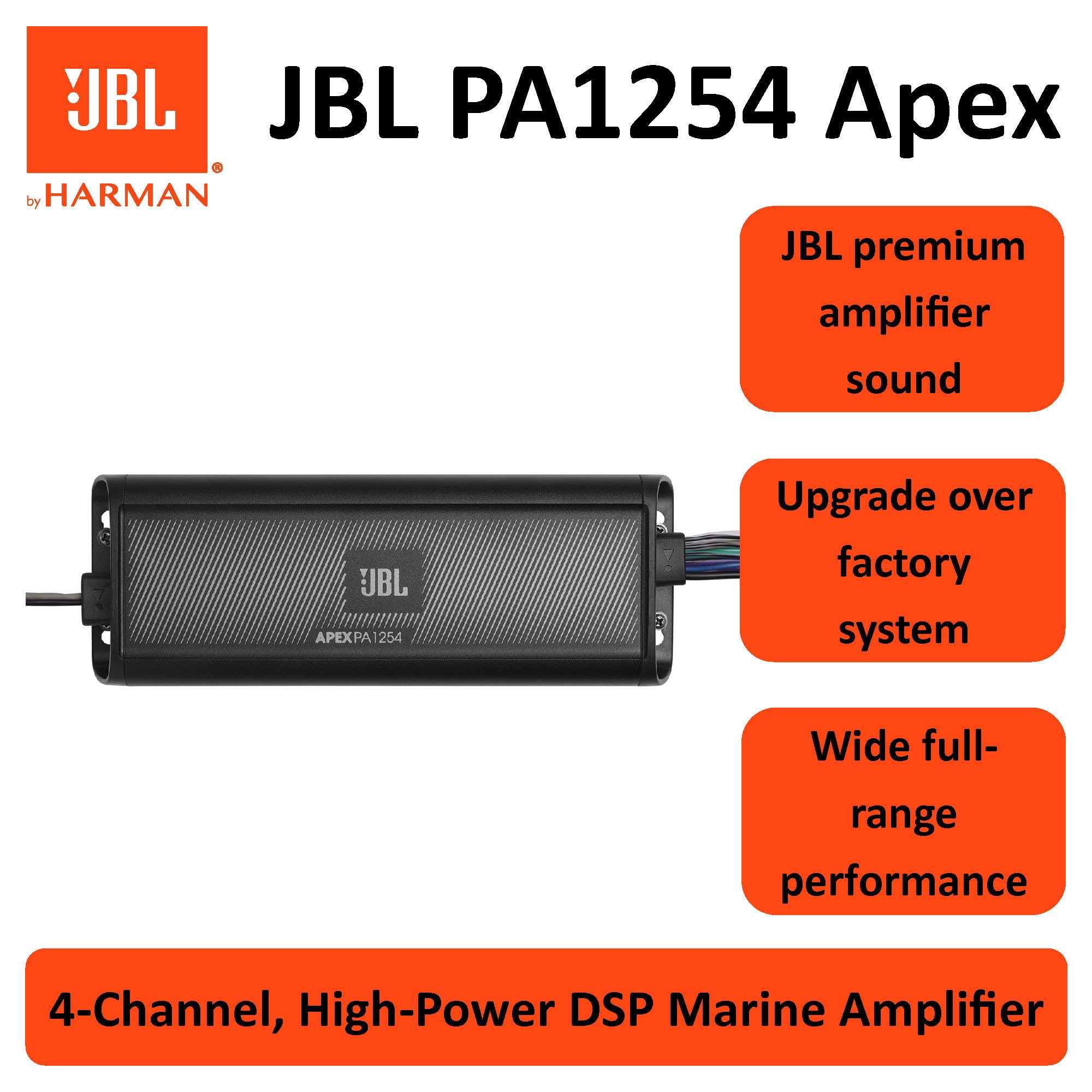 JBL Apex PA1254 Amplificador Compacto 4 Canales Clase D con 1250W Pico, 125W×4 a 2Ω, 75W×4 a 4Ω y 250W×2 en Puente, filtros 60/80/120Hz seleccionables y Rango Completo 20Hz–20kHz para Sistemas