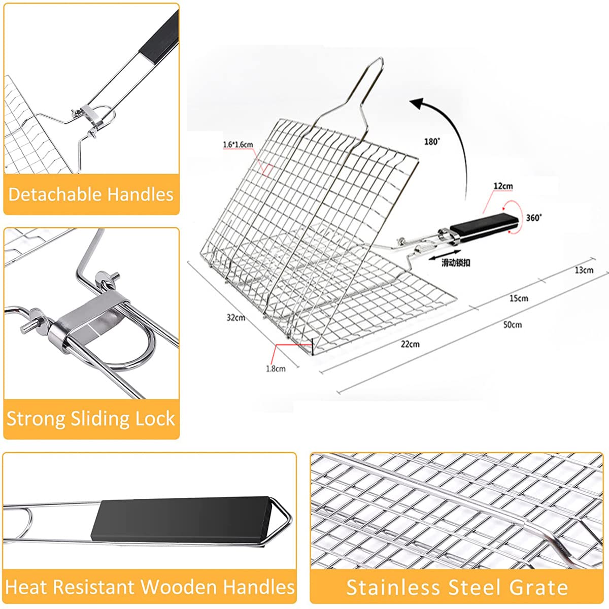 Griglia Pieghevole per Barbecue, Cestello per Grigliare Barbecue in Acciaio Inox 304, Anti-Aderente Griglia per Pesce BBQ con Manico, per Grigliate di Salsicce, Pesce, Verdure(Quadrato)