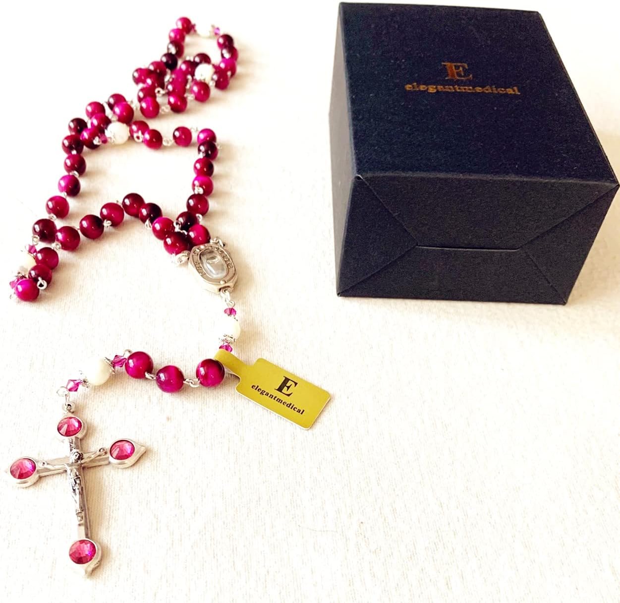 elegantmedical HANDMADE TIGER EYE BEADS CATHOLIC ROSARY CRUCIFIX NECKLACE Lourdes water Medal