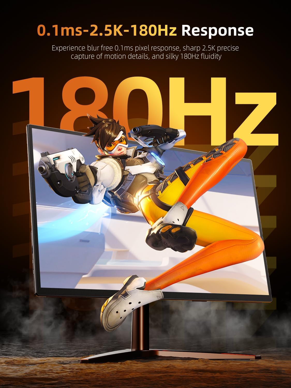 Gaming character on the UPERFECT monitor, highlighting 0.1ms response time and 180Hz refresh rate for blur-free motion.