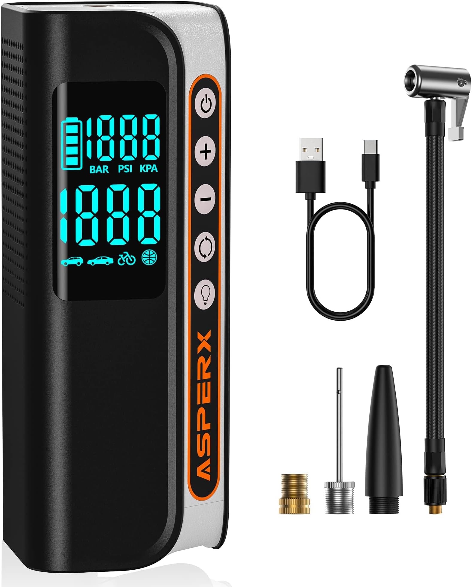 AsperX Tyre Inflator Air Compressor, 2X FASTER 160PSI Portable Cordless Electric Bike Pump Auto-Off, 7500mAh Rechargeable Car Tyre Pump with Digital Tyre Pressure Gauge for Car, Bike, Motorcycle, Ball