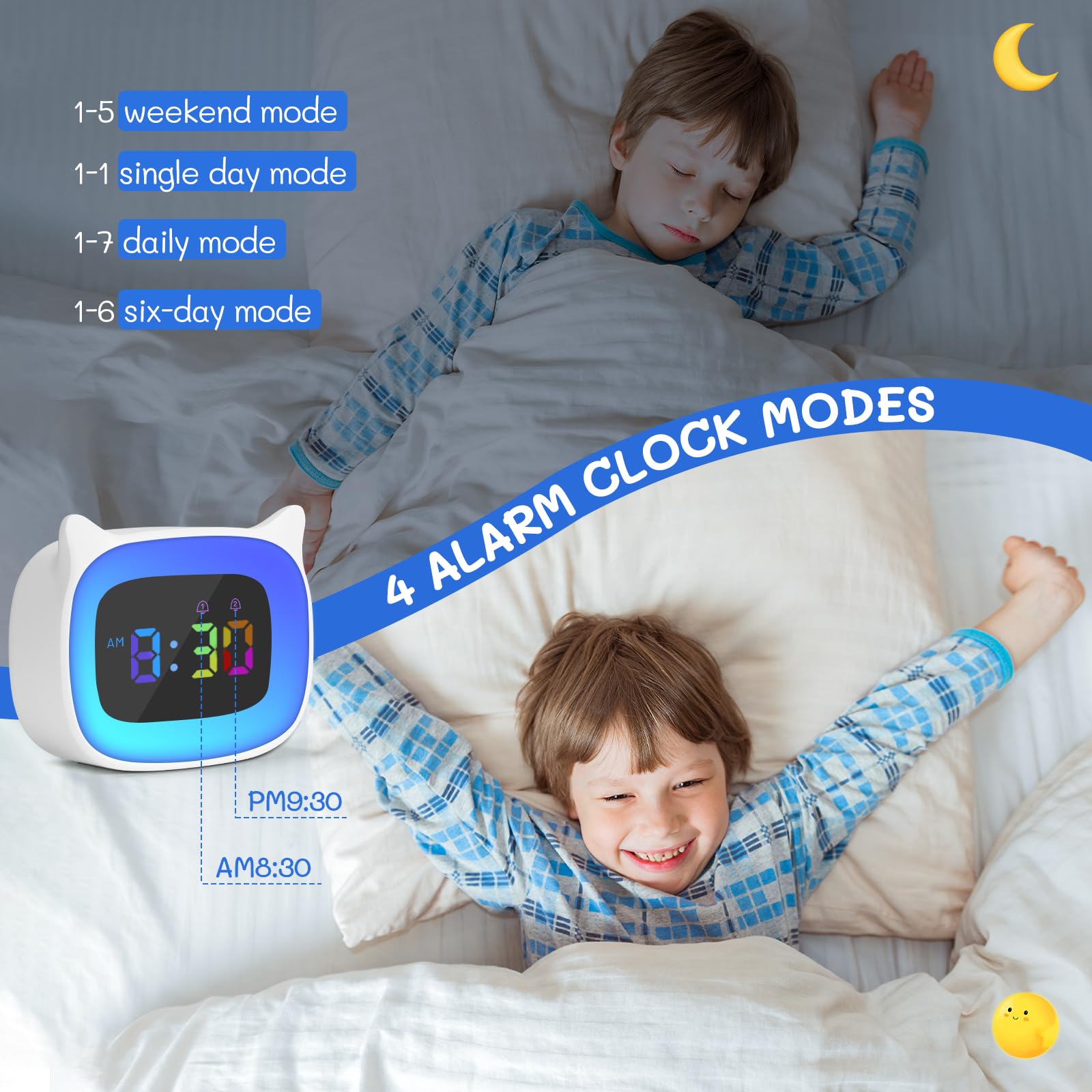Despertador infantil Día Noche, Despertador de aprendizaje al sueño para niños, despertador recargable de entrenamiento para niños y niñas, despertador infantil luminoso LED, despertador infantil con