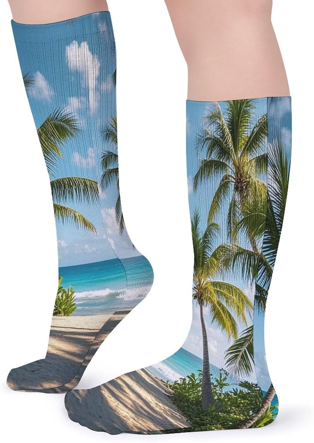 Green Palm Trees Ocean Crew Socks Cozy Casual Calf Socks Lightweight Long Work Sock Breathable Athletic Sock for Hiking Sports Running 5 Pairs
