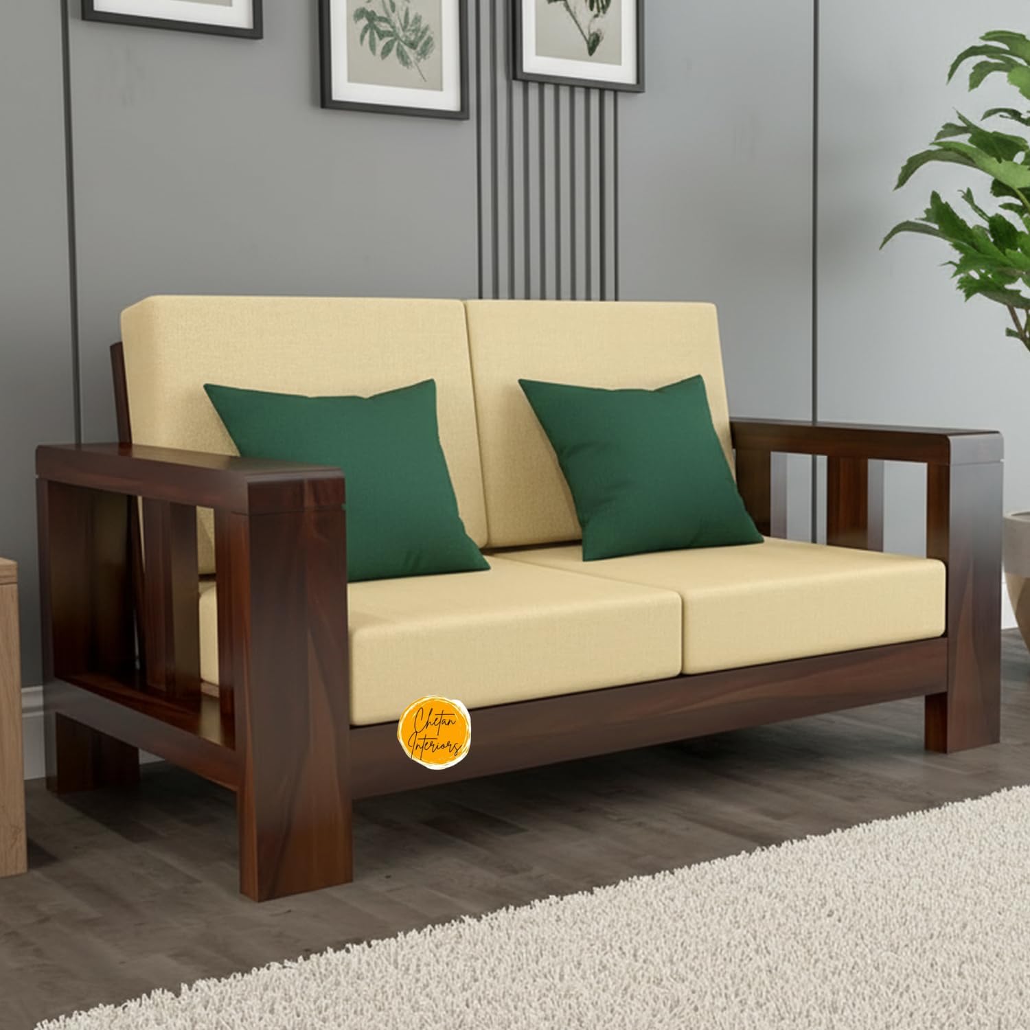 - 2 Seater Sofa Set Walnut Finish Solid Wood - Premium Sheesham Wood Loveseat Couch for Living Room, High-Density Foam Cushions, Easy Assembly Modern Furniture