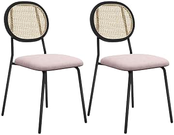 HOMCOM Pack de 2 Sillas de Comedor Sillas de Cocina con Respaldo de Ratán Sintético y Marco de Acero para Salón 44x54x87 cm Rosa y Negro