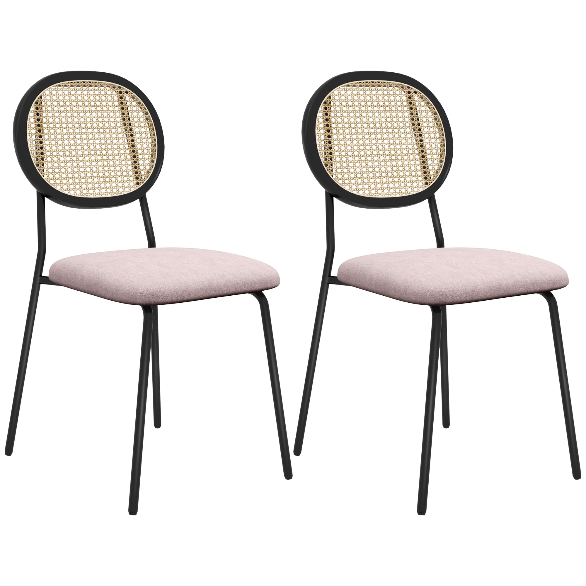 HOMCOM Pack de 2 Sillas de Comedor Sillas de Cocina con Respaldo de Ratán Sintético y Marco de Acero para Salón 44x54x87 cm Rosa y Negro