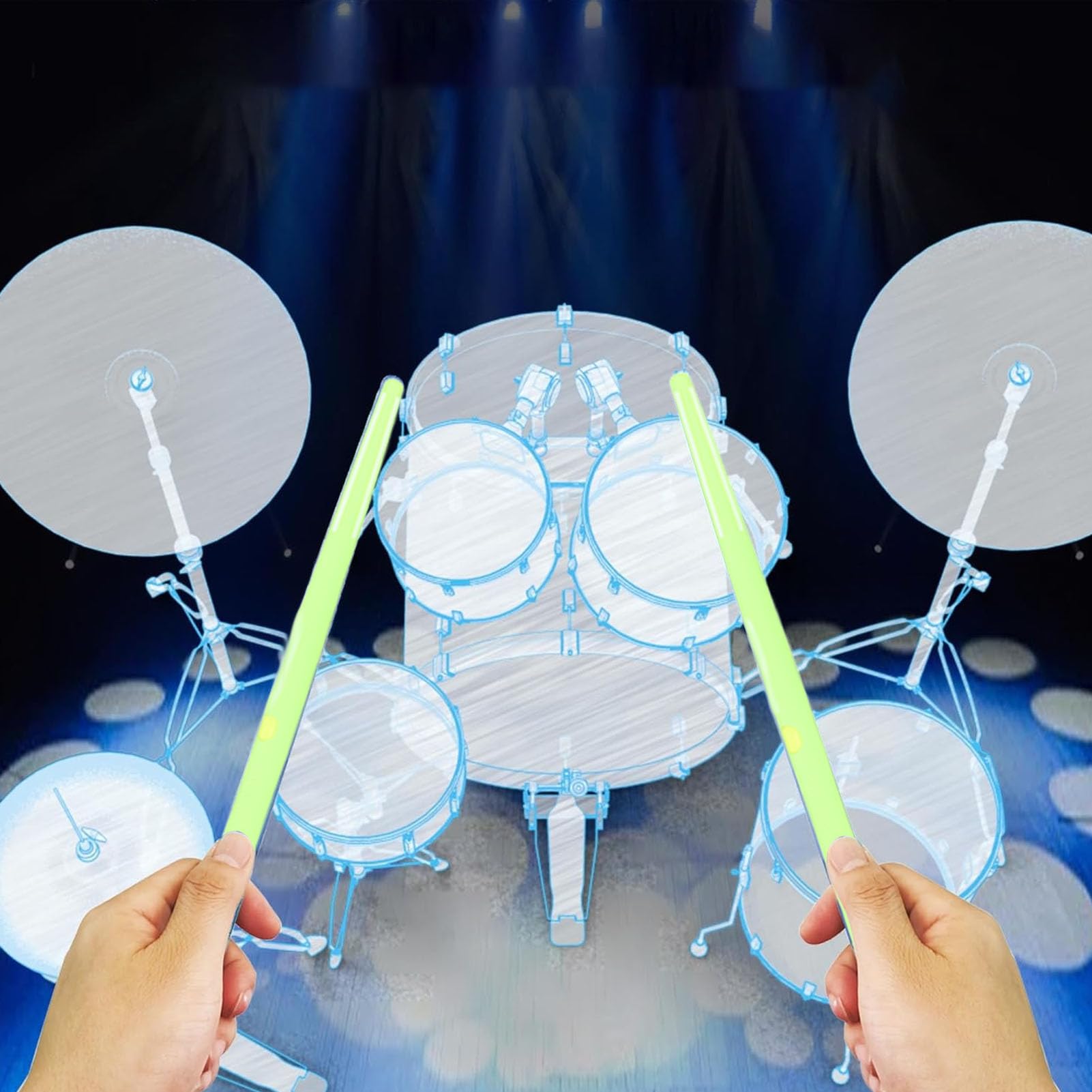 Elektrische Lufttrommel Set, Virtuelle Drumsticks Set, RGB Tragbar 3D-Bewegungsempfindung Air Drum Kit Mit & 8 Sounds für Erwachsene Percussion Accessoires (GREEN)