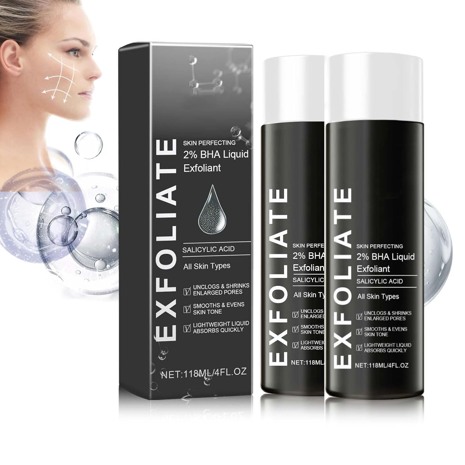 Salicylic Acid Liquid Scrub Instant Iift Plus BHA Liquid Peeling Face Exfoliant with Salicylic Acid Against Blackheads Blemished Skin Pores Reducing 2 Pieces