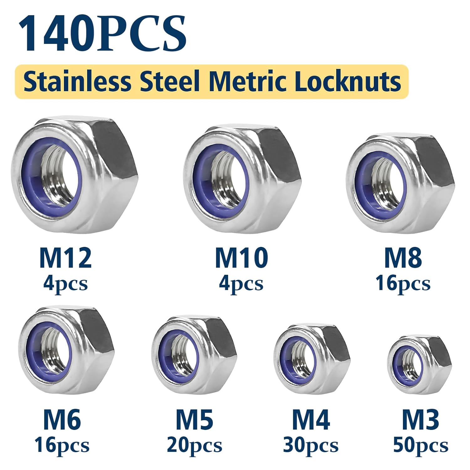 348 PCS SAE & Metric Nylon Insert Lock Nuts Kit and 140PCS Metric Locknuts Assortment Kit,304 Stainless Steel Nylock Nut