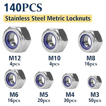 Locknuts Assortment Kit,M3 M4 M5 M6 M8 M10 M12 140PCS Metric Nylon Insert Lock Nuts Set,304 Stainless Steel Lock Nuts for Bolt
