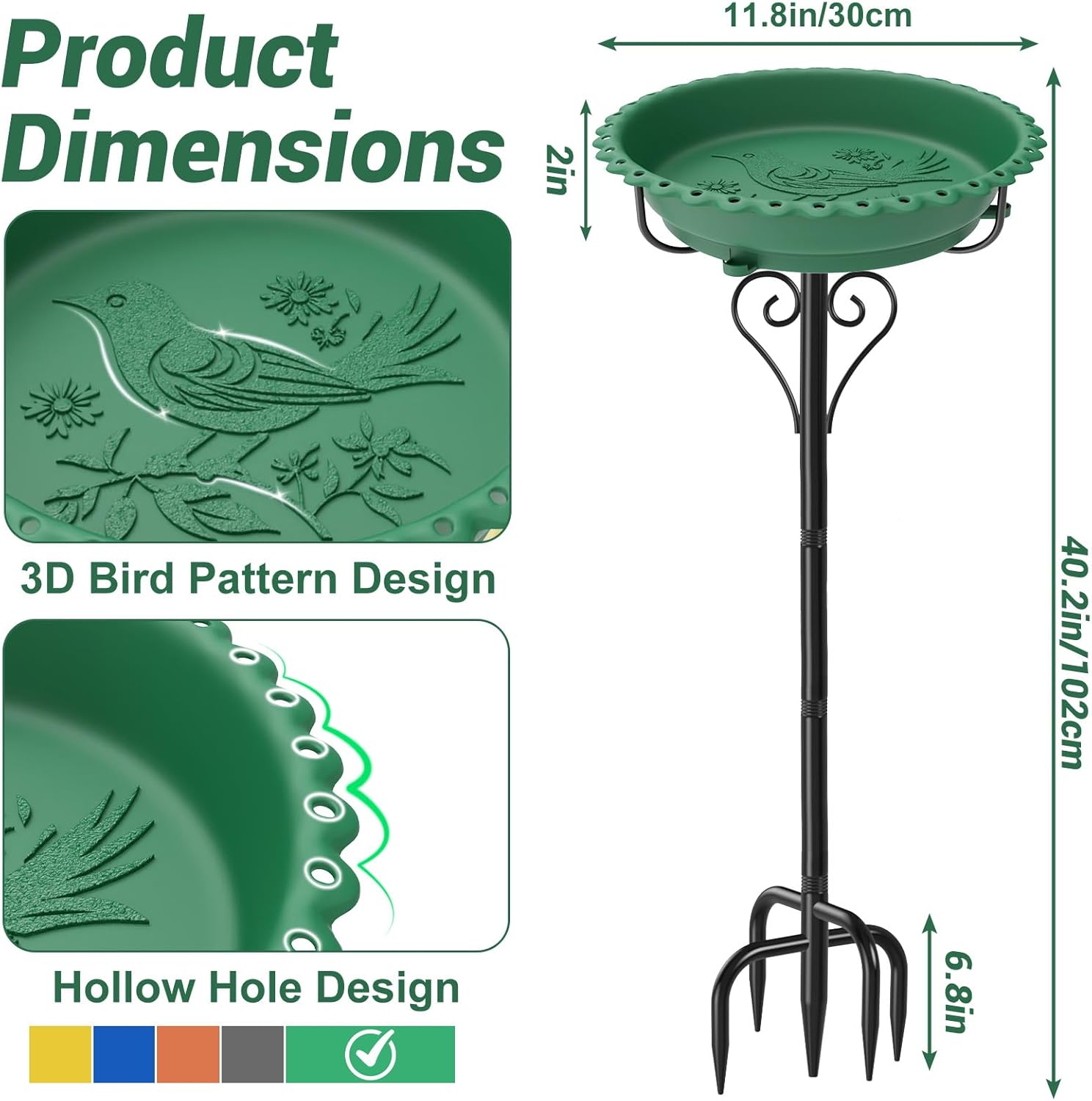 40In Bird Bath for Outside,Freestanding Birdbath & Birdfeeder with Metal Stake,Vintage Birdbaths Water Bowl with 5 Prongs Base for Outdoor Garden Yard Decor (Green)