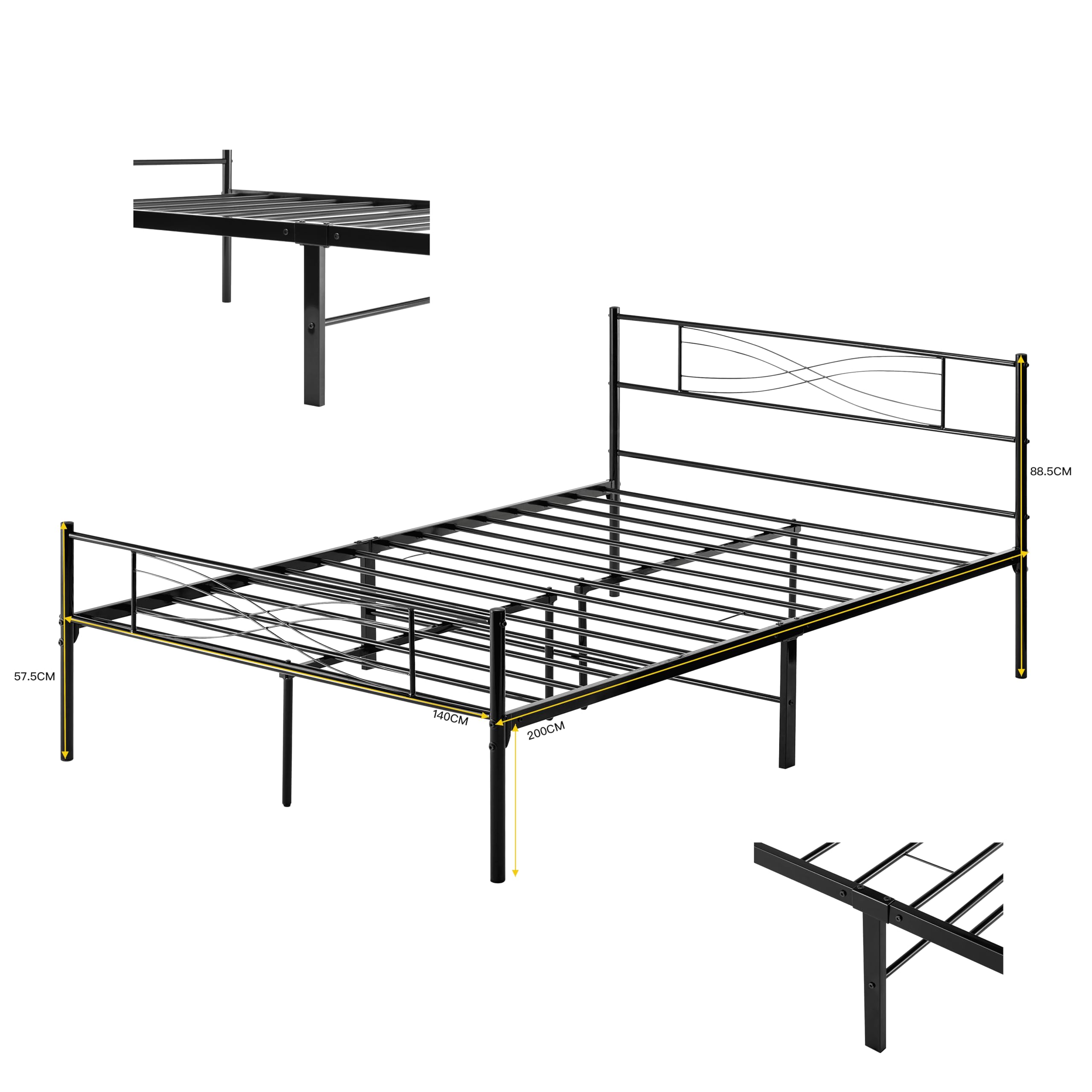 Garvis Metallbett 140x200 cm (32 cm) – Inkl. Kopf- und Fußteil – Matratzen-Stopp – Stabiles Doppelbett Schwarz