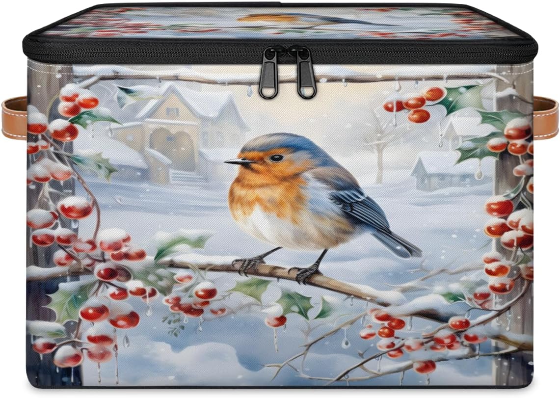 Storage Bin Set of 2 Winter Birds Storage Basket with Zipper Lid & Handle Foldable Closet Shelf 2 Pack Cloth Organizer Basket Cube Bins Clothes Organizer for Bedroom, Nursery