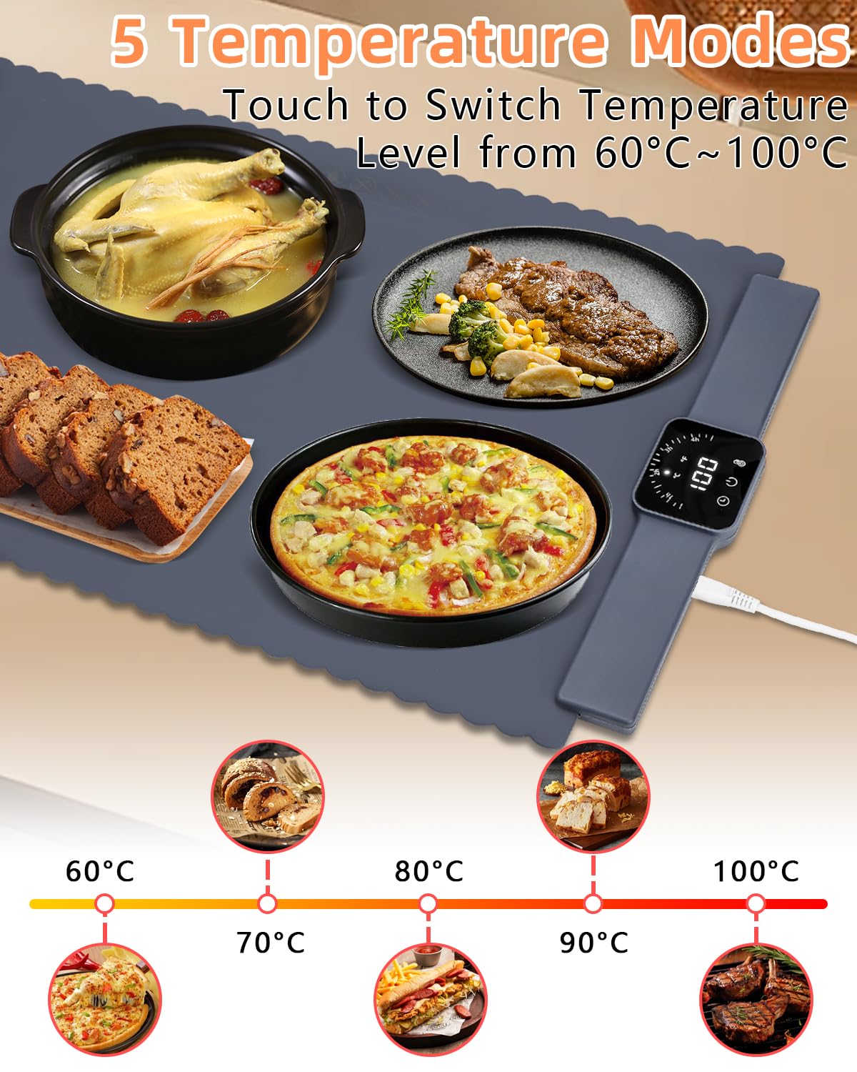 Chauffe Plat Électrique, Plaque Chauffante avec Température Réglable 60°C - 100°C et Minuteur de 4 Heures, Pliable Silicone Chauffe Assiette à Réchaud pour Bithday, Mariage, Fêtes et Buffets Banquet