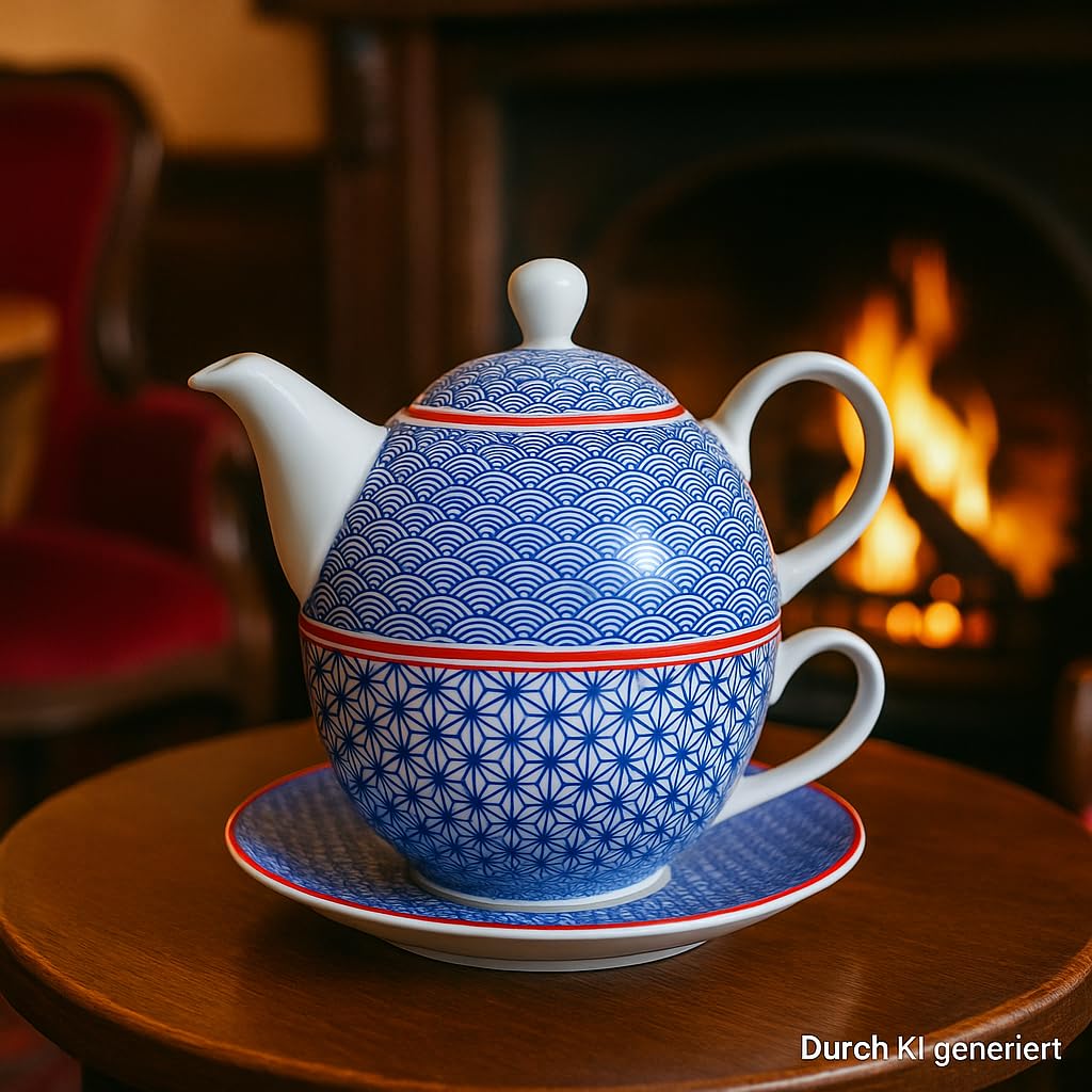 Dekohelden24 Teiera in porcellana, set Tea for one, caraffa da servizio per il tè, teiera, servizio da tè, tazza da tè con teiera, set di teiere retrò con tazza da tè in porcellana in blu, L/L/A 15 x
