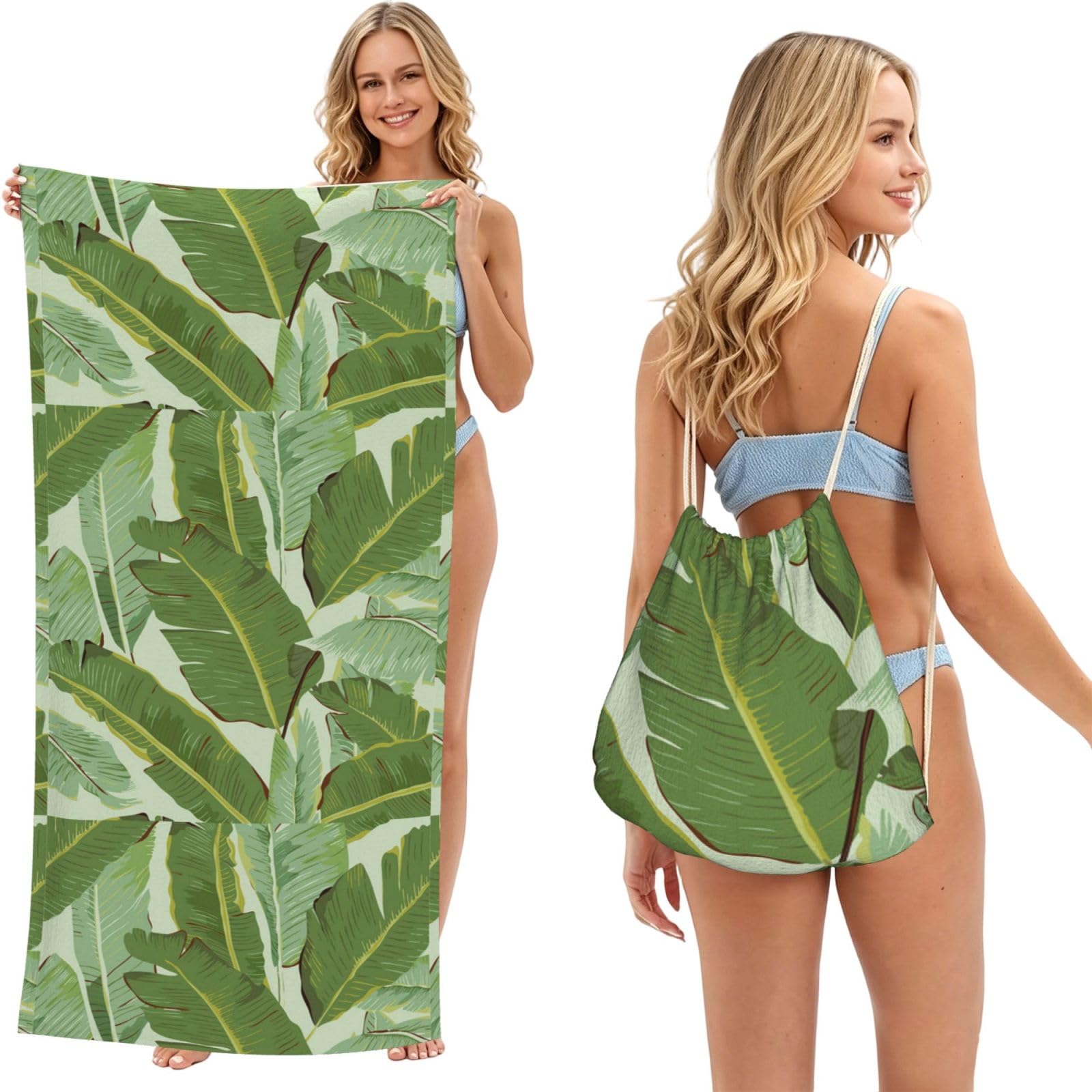 Poadnly As Picture Tropical Plant Leaf, 2 In 1 Packable Towel Bag, Beach Towels With Drawstring Backpack For Travel Holiday Camping