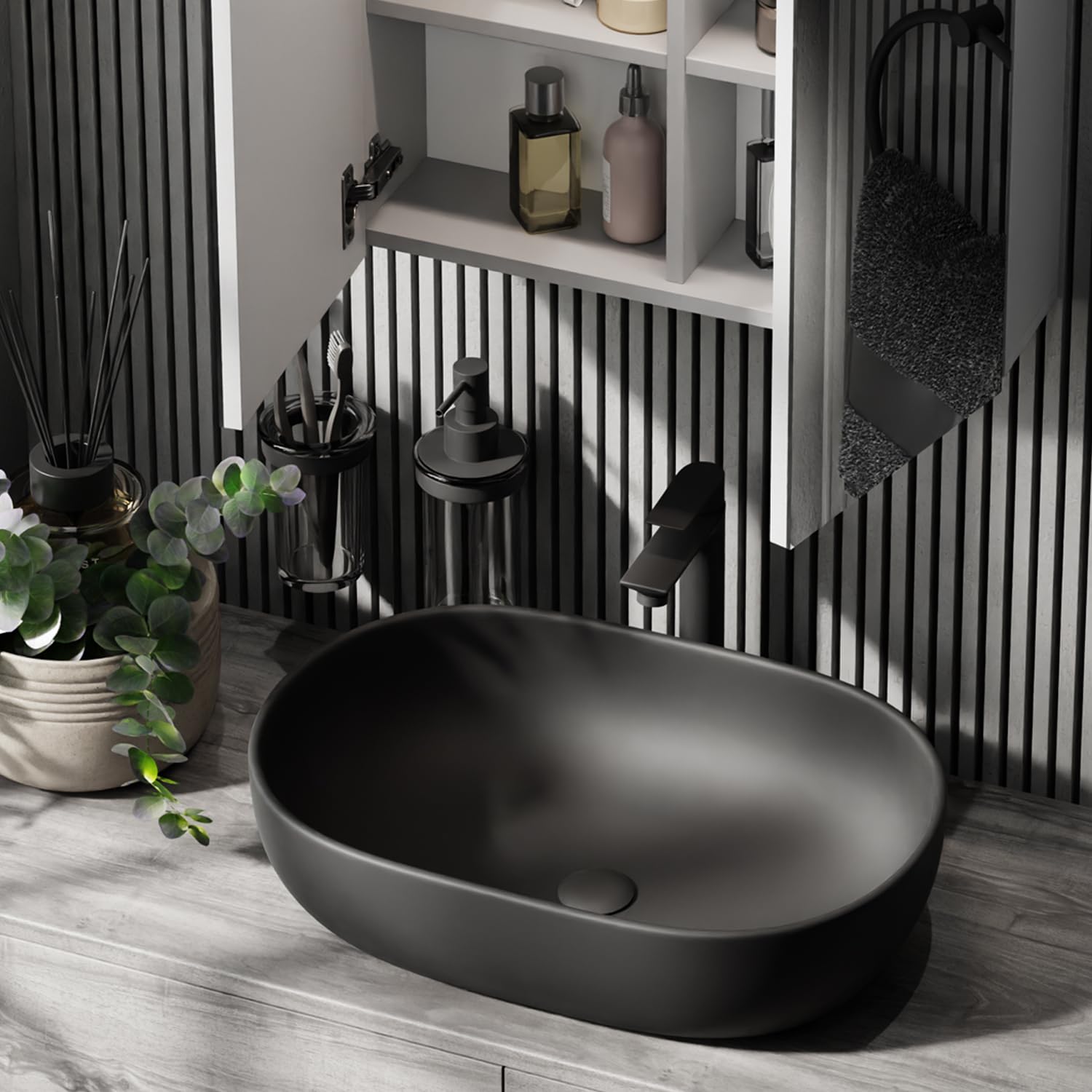 Planetmöbel Aquil Deluxe Lavabo Oval | Lavabo de encimera para baño y aseo de invitados | Lavabo sin orificio para grifo y desagüe | Negro mate, 60 x 40 x 15 cm