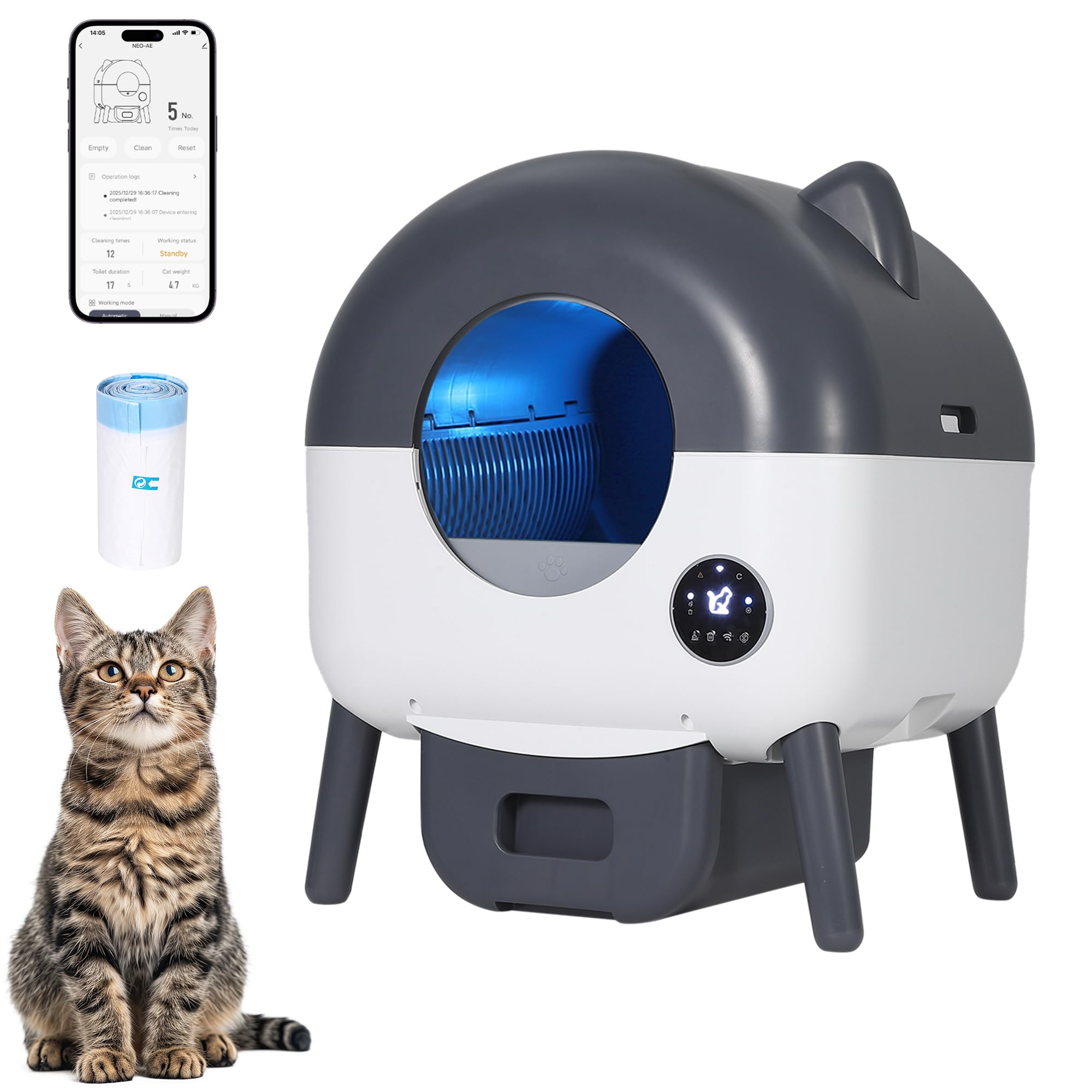 Garvee Litiere Gatto Autopulente 66L, Vassoio per Litter Automatico Migliorato con Applicazione, Sensori di Sicurezza Anti-Pizzico, 6 Luci Ambienti Regolabili, WC Intelligente per Gatti