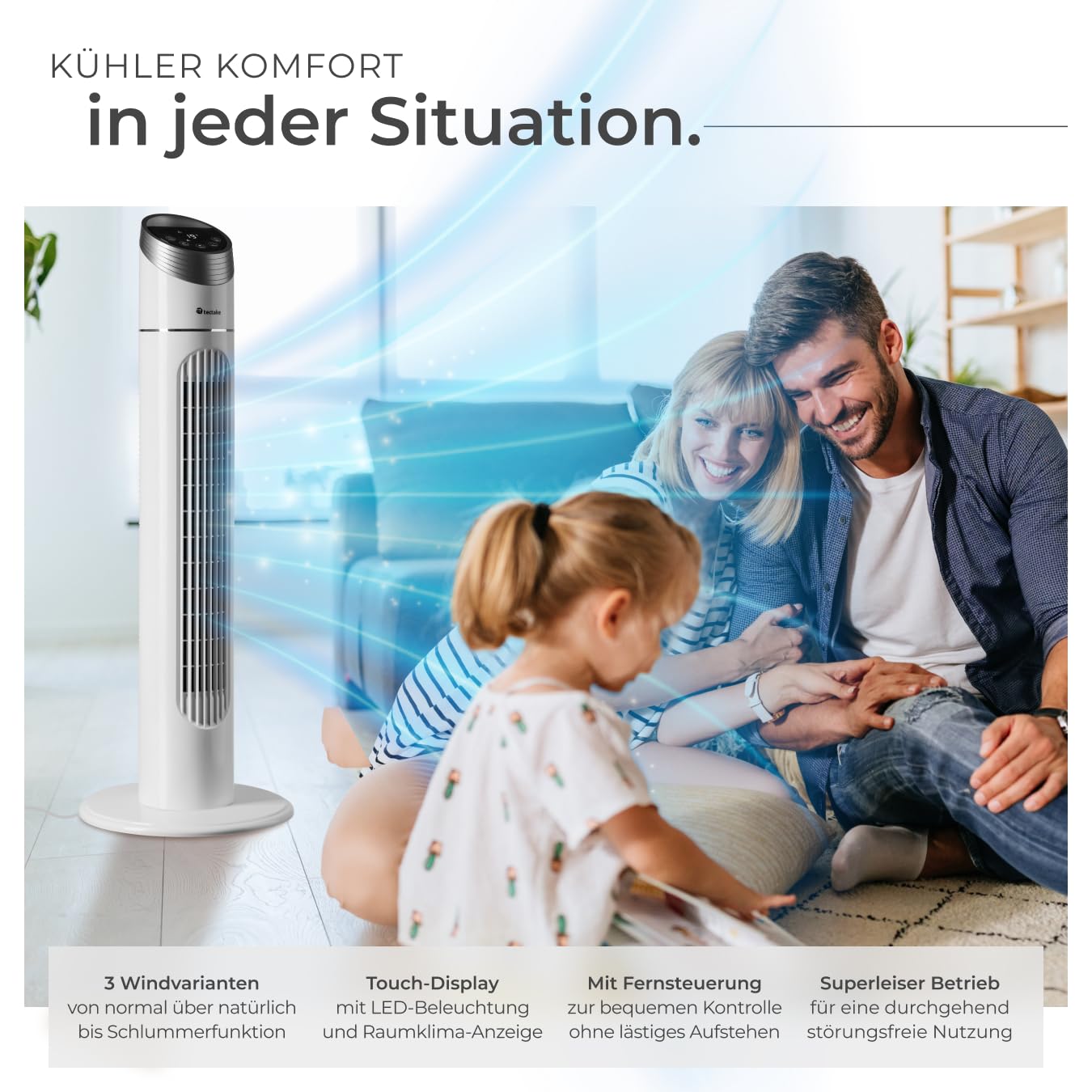 tectake® Turmventilator mit Touch-Bedienfeld mit LED-Beleuchtung & Temperaturanzeige, 3 Geschwindigkeitsstufen, 3 Windmodi, 70° Drehung, einstellbarer Timer, Fernbedienung & Transportgriff - 90cm
