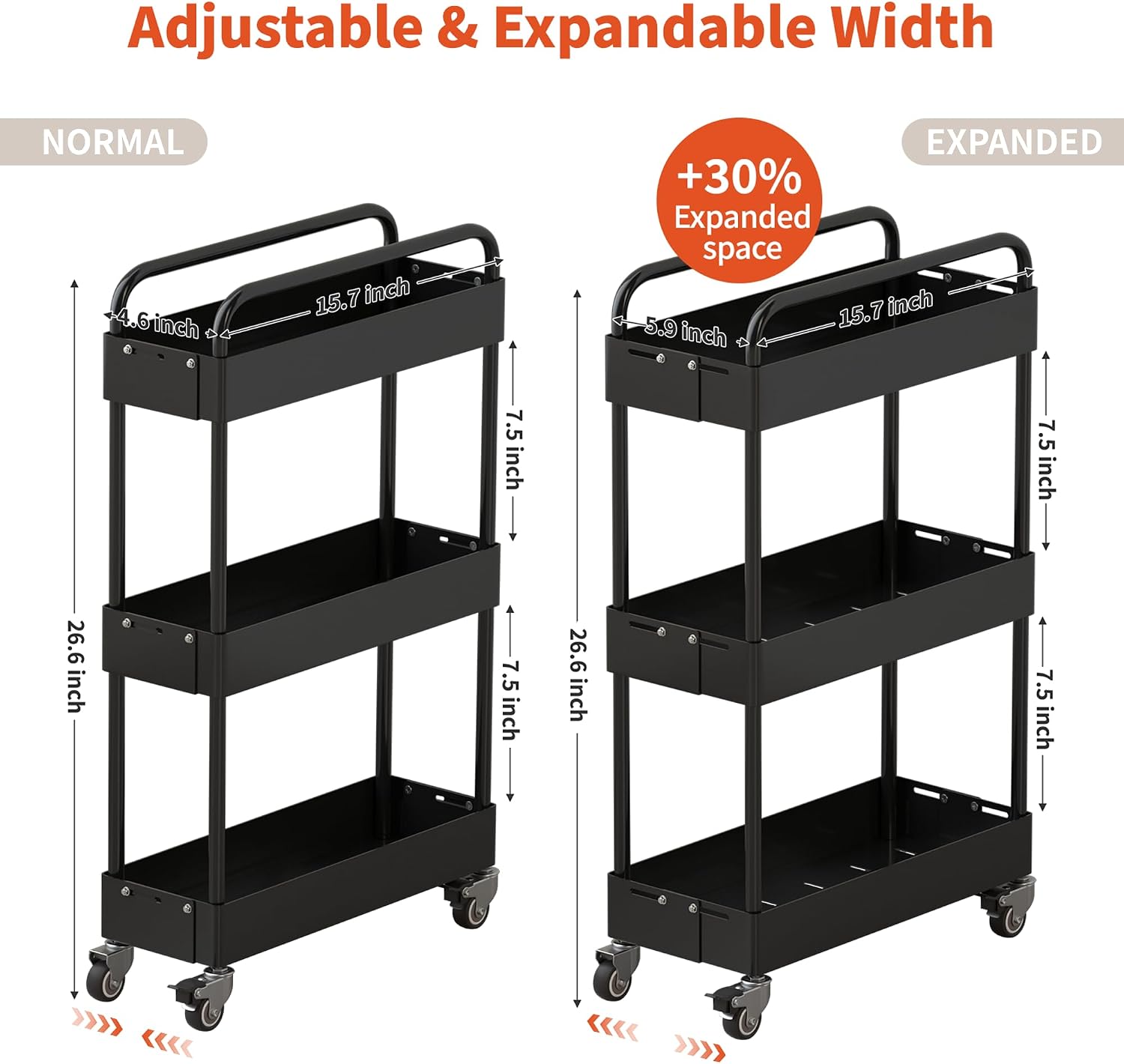 HOTEAGLE 3-Tier Rolling Cart, Adjustable Width & High Adaptability image 2