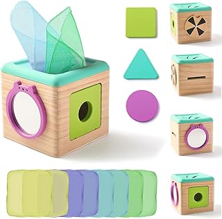 Chingcoo Montessori Motor Skills Toy, Tissue Box, Wood, Shape Recognition and Turntable, Montessori Toy Baby, 6-12 Months Sensory Baby Toy with Mirror