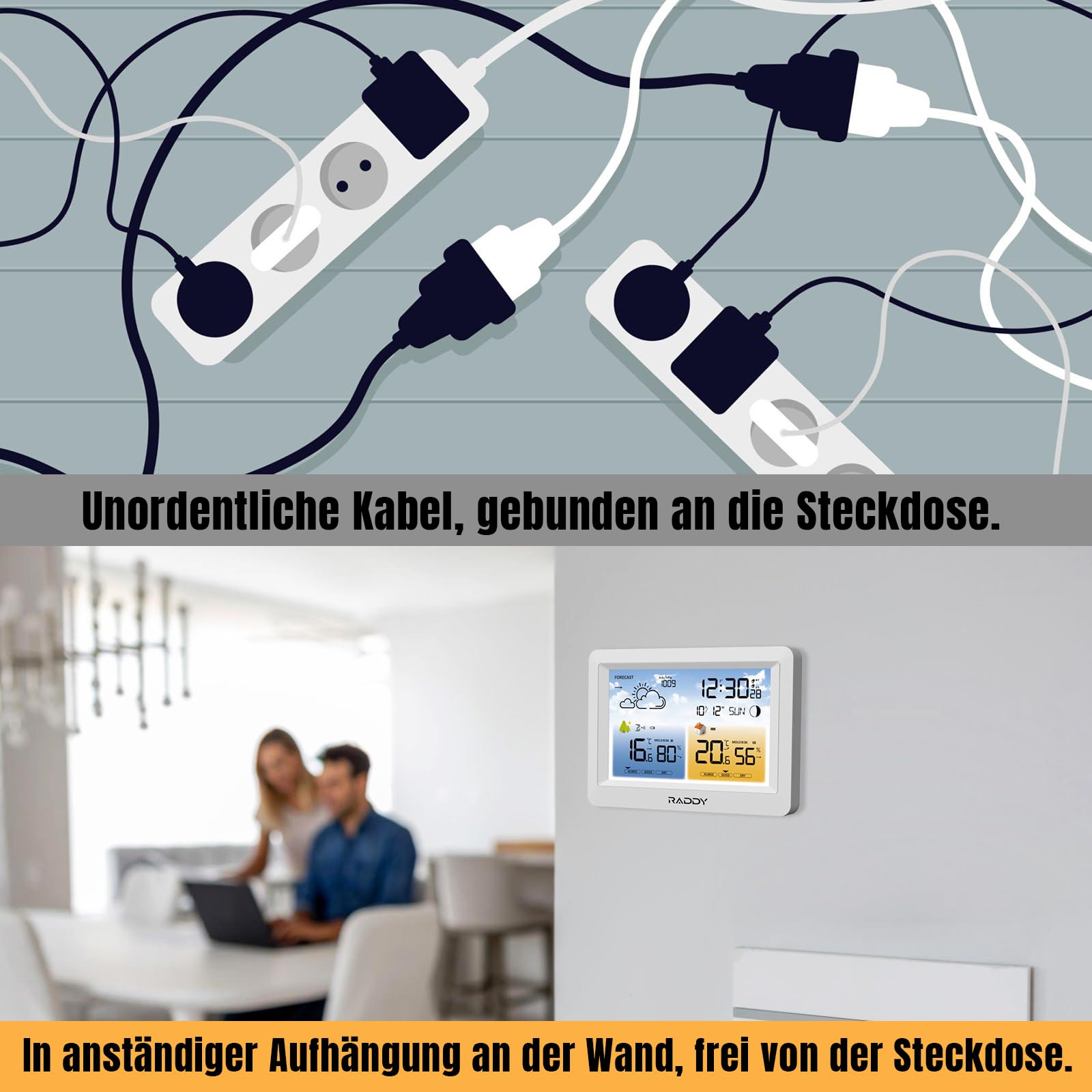 Raddy WM6 Wetterstation funk mit Außensensor Wireless Indoor Outdoor Thermometer Hygrometer Barometer mit eingebautem 2000mAh Akku, DCF-Funkuhr, Wettervorhersage, Schimmelpilzwarnung für Zuhause
