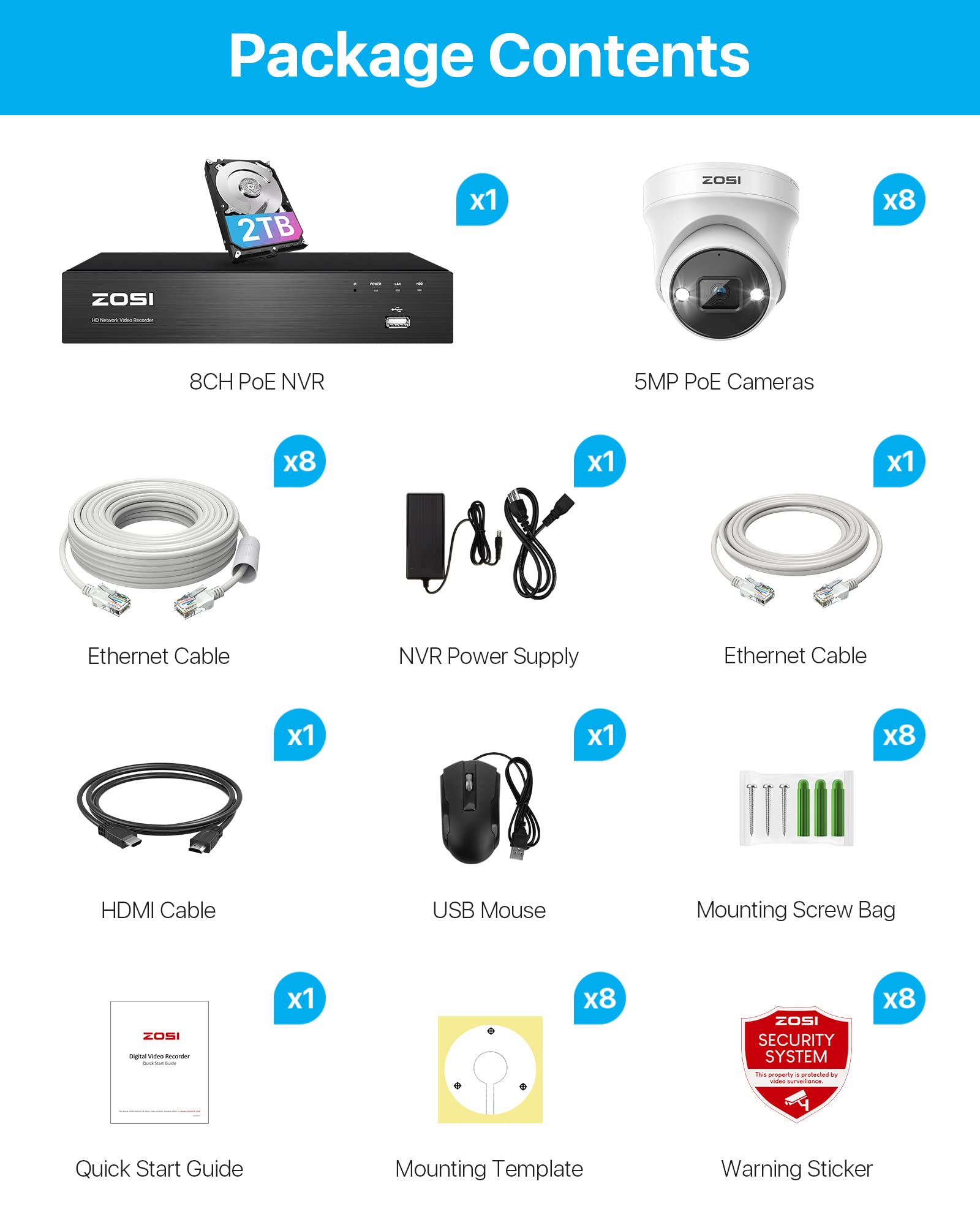 ZOSI Kit de Videovigilancia PoE Exterior 4K 8MP 8CH NVR Grabador Sistema con 8pcs 5MP Cámara de Seguridad IP, Visión Nocturna, Detección de Personas/Vehículos, 2TB HDD Incluido