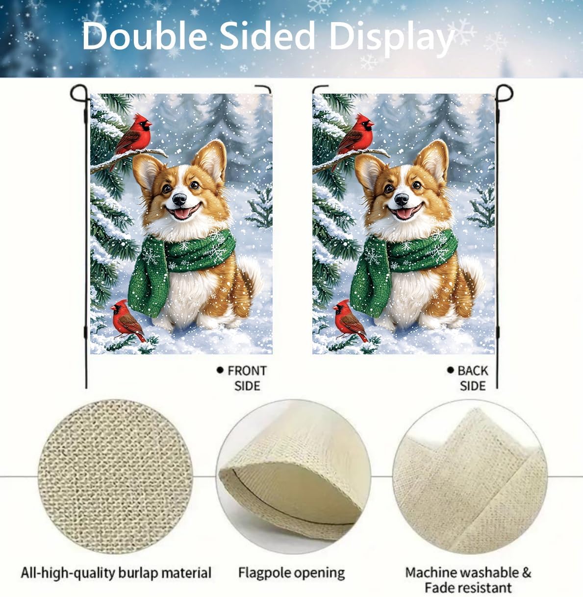 Winter Corgi Dog Garden Flag 12x18 Double Sided, Small Burlap Seasonal Snow Garden Flag Winter Christmas Outdoor Yard Decorations Porch Lawn Flags for Outside - Image 4