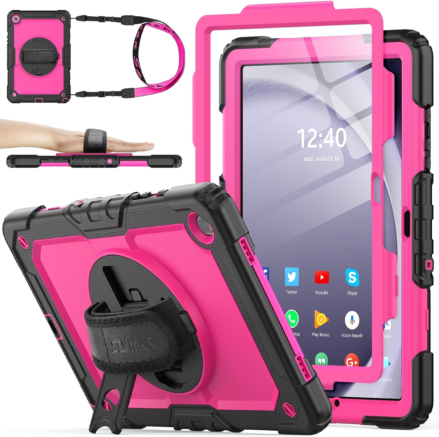 SEYMAC stock Case for Samsung Galaxy Tab A9+ Plus 11”, Full-Body Drop Protection Case with Screen Protector Pencil Holder [360° Rotating Hand Strap] &Stand, Pink+Black