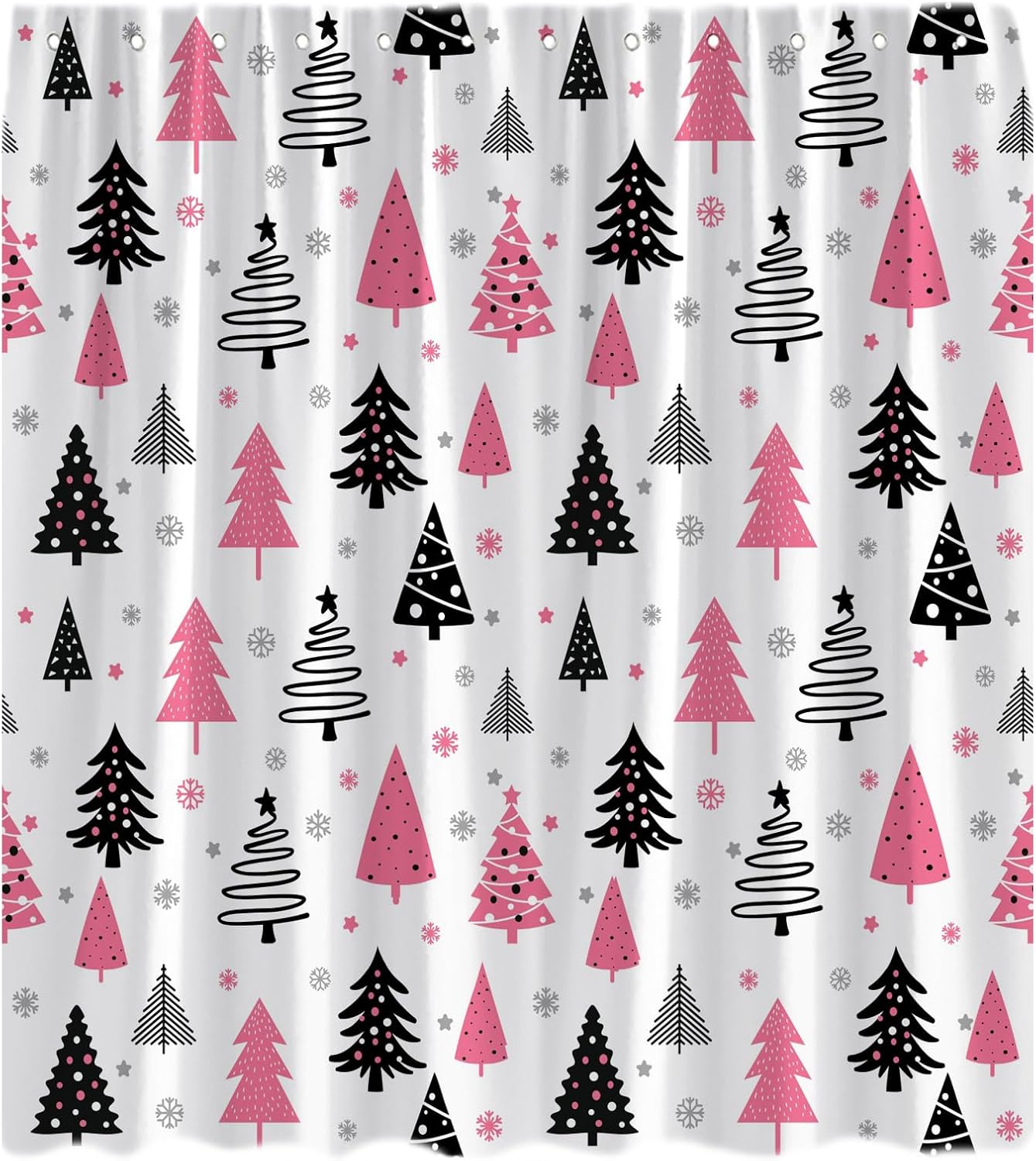 Christmas Tree Shower Curtain Pink Grey White Black Xmas Pine Tree Snowflake Rustic Winter Snow Forest Scenery Merry Christmas New Year Winter Holiday Fabric Bath Curtain with Hook