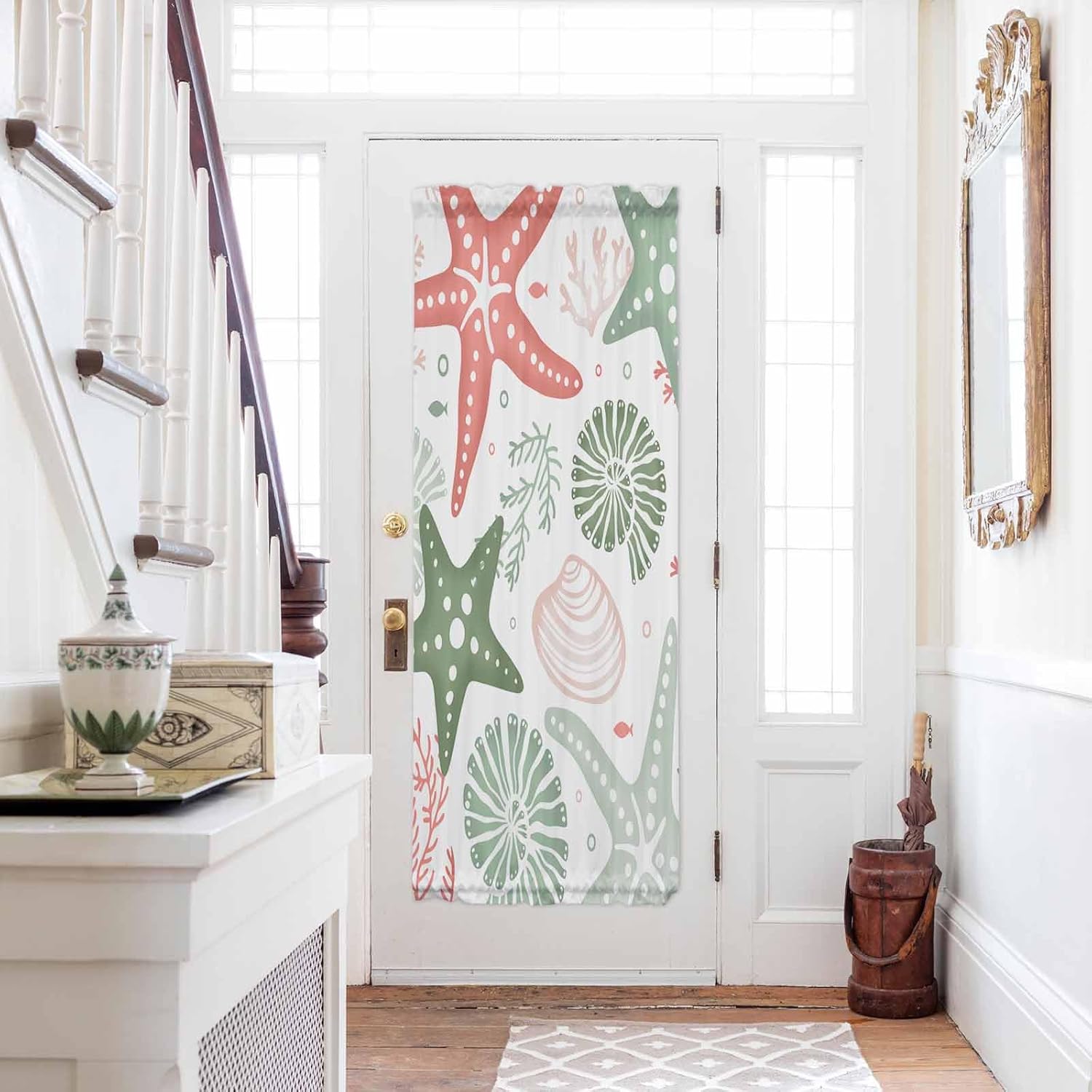 Starfish Sage Green Door Curtains For Door Window, French Sidelight Front Back Door Curtains With Tieback, Kitchen Rod Pocket Drapes Panel 54"x72" Coral Red Coastal Conch Tropical Fish Boho